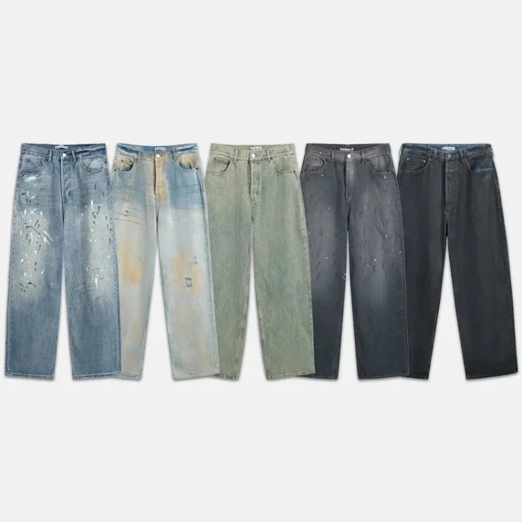 AC hand-painted splashed ink frayed washed distressed trousers for men and women loose and