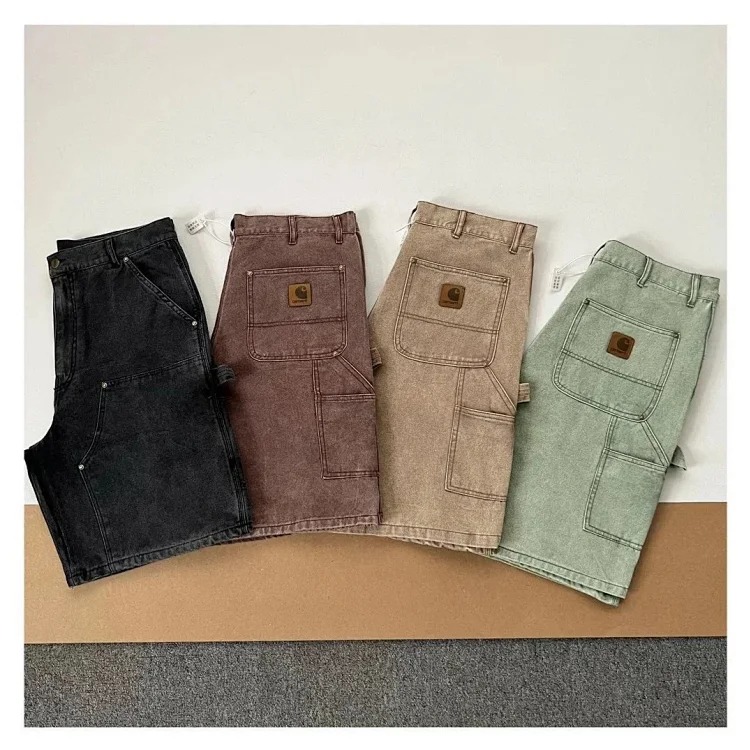 Washed and distressed double-knee rivet logging pants cargo shorts five-quarter length Ame